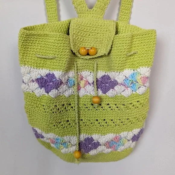 Handmade Crochet Knit Mini Backpack Bag Colorful Floral Bohemian Hippie 70s - Picture 4 of 11